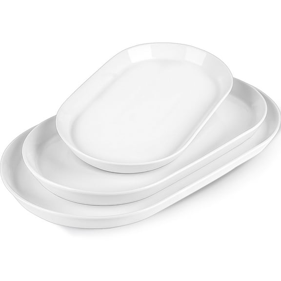 Large Serving Platter - 16"/14"/12" Oval Serving Tray, Ceramic Turkey Platters for Entertaining, Christmas Party, Set of 3, White