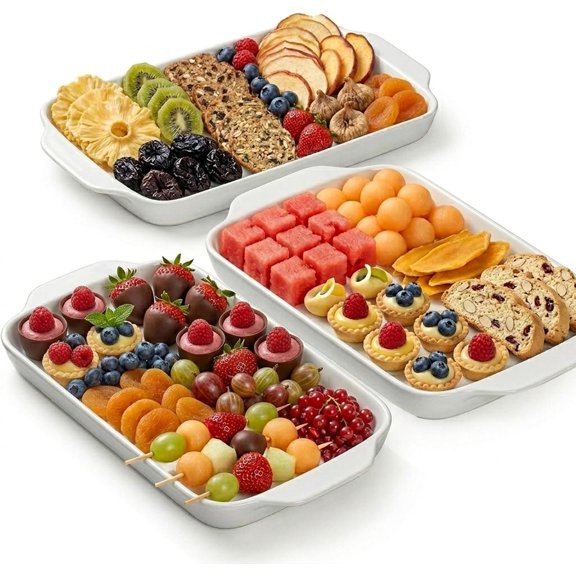 Large Serving Platter with Handles 16"x9" - White Porcelain Serving Trays Set of 3, Rectangular Platters for Entertaining, Party, Appetizer, Charcuterie
