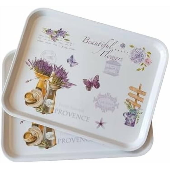 Large Serving Platter Melamine Trays 2 Pack Stackable Food Tray with Floral Print for Gift, Party, Decor, Home, Restaurant (Purple Lavender, Medium)