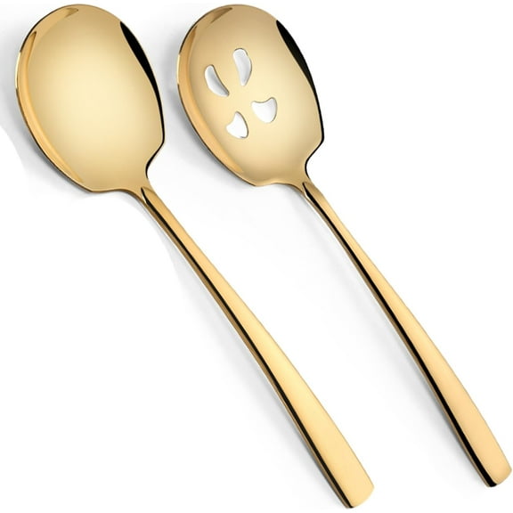 Large Serving Spoons Set Stainless Steel 12 Inch Slotted Spoon and Serving Spoon Serving Utensils for Buffet Catering Dishwasher Safe(2-pieces, Gold)
