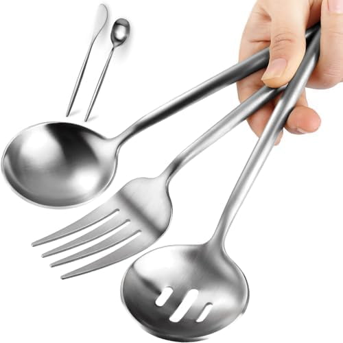 Large Serving Utensils Set,5 Pcs Stainless Steel Silver Serving Utensils with 10.8 Inch Serving Fork,10.3 Inch Serving Spoon,Slotted Serving Spoons,Sugar Spoons,Butter Knife for Party Buffet Banquet
