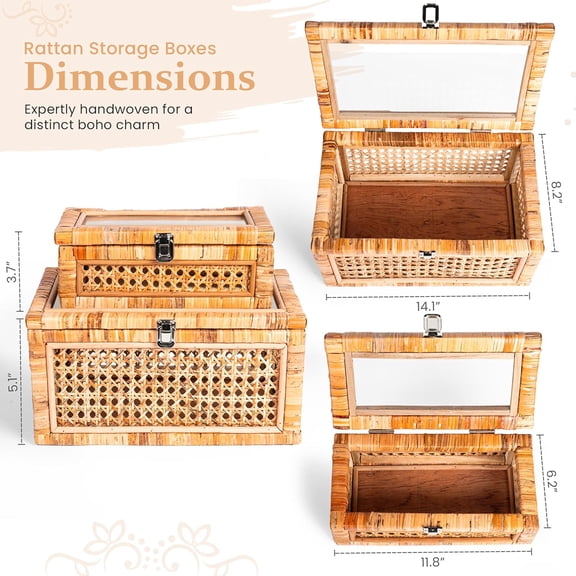 Large Set of 2 Handwoven Rattan Decorative Boxes with Glass Lids - Stackable Wicker Storage Boxes for Home Decor - Coffee Table Box Organizers - Woven Box with Lid for Shelves