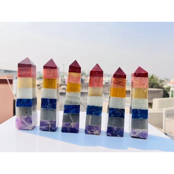 Large Seven Chakra Tower, 7 Chakra Crystal Point, 7 Chakra Crystal Wand, Crystal Point, Wand, Crystal Tower, Crystal Obelisk Hesaling Vrystals Gift