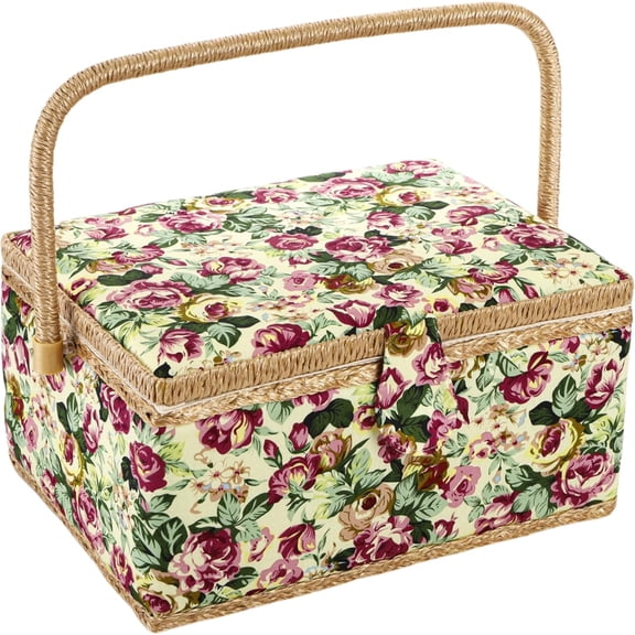 Large Sewing Basket Box with Removable Tray, Rose Floral Print Design, Storage for Sewing Mending, Beginner and Professional Use, Wood Construction