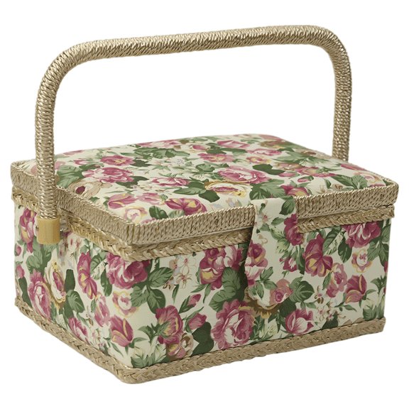 Large Sewing Storage Box, Floral Print Crafting Basket, Padded Portable Sewing Kit Holder, Dustproof, Moisture-Resistant Organizer with Divided Tray, Built-in Pin Cushion, 9.45 x 6.89 x 5.12 in