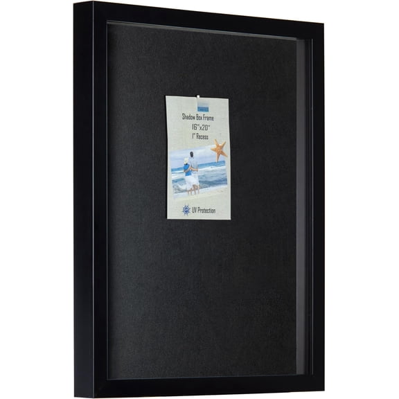 Large Shadow Box 16x20 Black Frame with UV Protection | 2 Background Options, Black Felt or Linen | Horizontally or Vertically | 16 White Headed pins Included