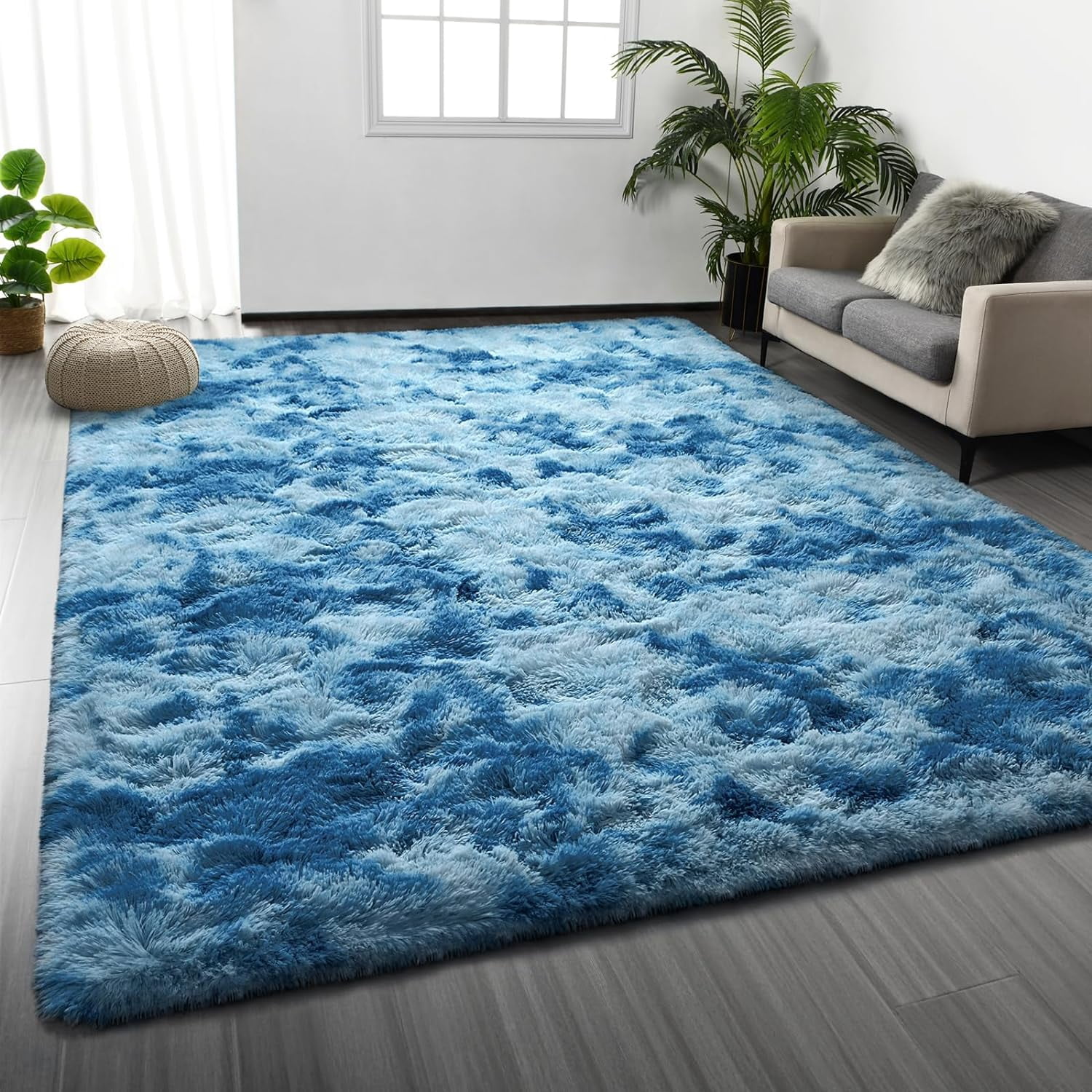 Large Shag Area Rug 8 x 10, Plush Fuzzy Tie-Dyed Bright Blue Carpet for ...