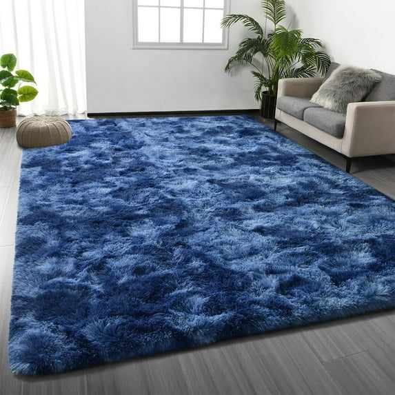 Large Shag Area Rugs 5 x 8, Plush Fuzzy Rugs for Living Room, Ultra Soft Fluffy Furry Rug for Bedroom, Indoor Carpet Nursery Rugs for Kids Room Home Decor, Tie-Dyed Navy Blue