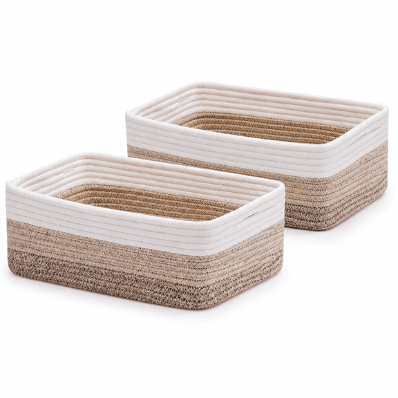 Large Shallow Organizing Baskets 15x11x5.1 Inches - Rope Woven Storage Bins for Bathroom, Shelves, Cube Closet, Gradient Brown