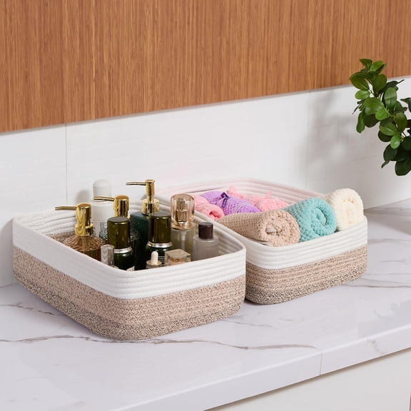 Large Shallow Organizing Baskets - Rope Woven Storage Bins for Bathroom, Shelves, Cube Closet, Gradient Brown 2 Packs