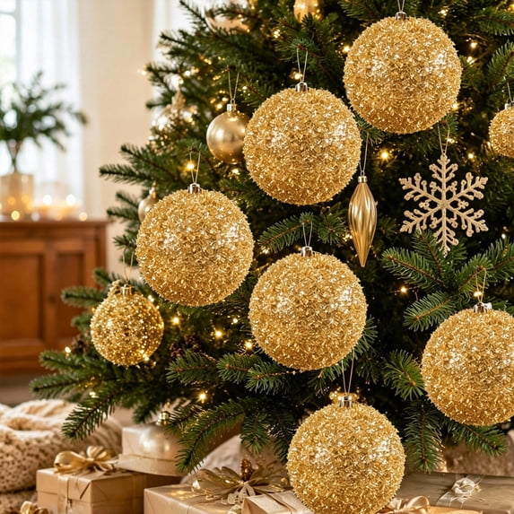 Large Shatterproof Christmas Ball Ornament, 6 Inch Glitter Tree Bauble with Loop, Gold, 1 Pack