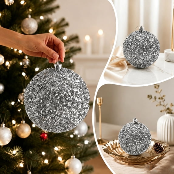 Large Shatterproof Christmas Ball Ornament, 6 Inch Glitter Tree Bauble with Loop, Silver, 1 Pack