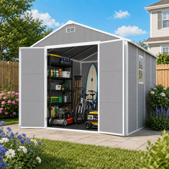 Seizeen 8 x 10FT Resin Shed, Outdoor Storage Shed, Outside Garden Plastic Shed for Lawn Mover Bike Tool, w/Double Doors, Air Vents, Double Windows, PP Floor