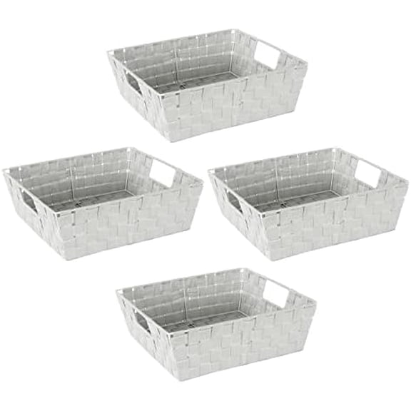 Large Shelf Woven Strap Tote | Decorative Storage Basket | Built in Handles | Organization | Closet | Bedroom | Bathroom | Nursery | Accessories | Toys | Gifts | 4 Pack | Heather Grey
