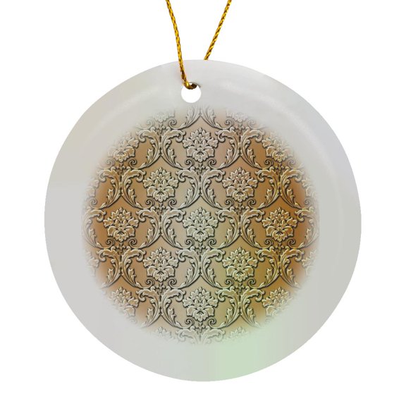 3drose, Large Shimmering Bronze Metal Effect Royal Damask, Circle Porcelain Ornament