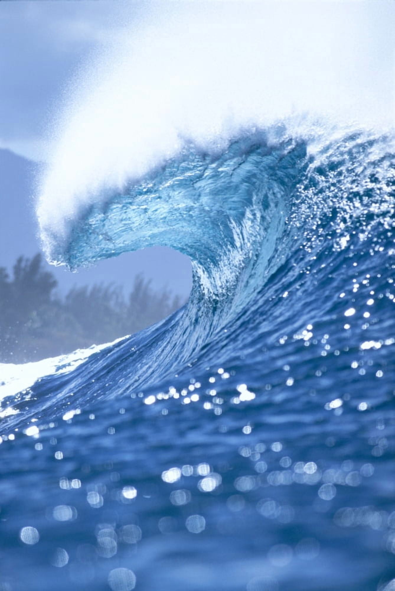 Large Shimmery Blue Wave Curling With Wind Spray Land Visible In Background Canvas Art - Vince Cavataio Design Pics (12 x 19)