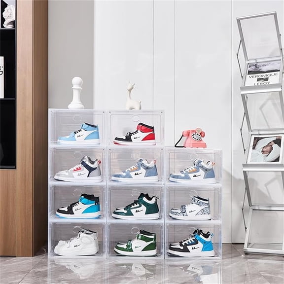 Large Shoe Boxes Clear Plastic Stackable, 8 Pack Drop Side Shoe Storage Organizer with Magnetic Door, Shoe Container Sneaker Storage Display Case Fit up to US Size 13 CLEAR