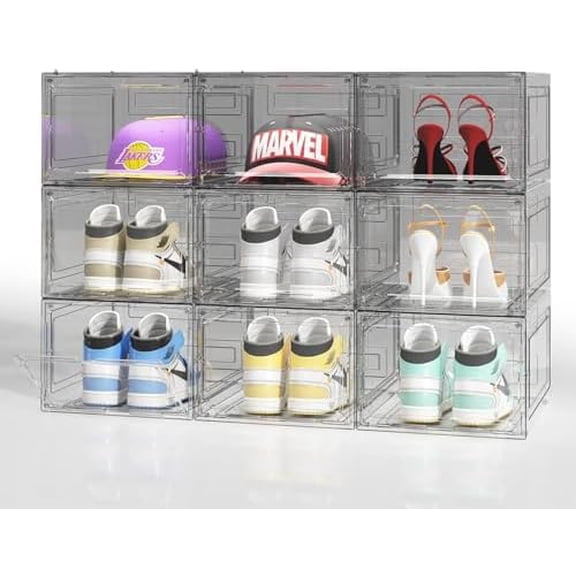 Large Shoe Boxes Clear Plastic Stackable 9 Pack Shoe Storage Organizer for Closet/Entryway, Drop front Shoe Box with Magnetic Door, Shoe Display Case, Fit up to US size 14