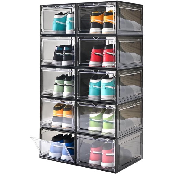 Large Shoe Boxes Clear Plastic Stackable,Drop Front Shoe Box with Clear Door, Shoe Containers For Sneaker Display,Fit up to Size12