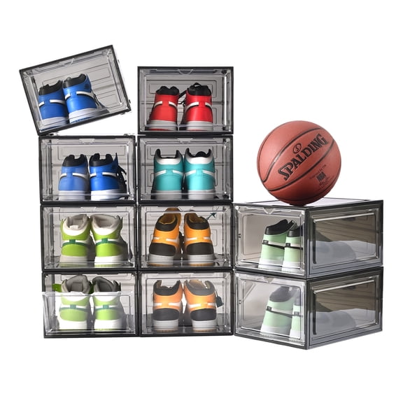 Large Shoe Boxes storage Black Plastic Stackable，Drop Front Shoe Box with Clear Door, Shoe Rack For Sneaker Display,Fit up to US Size12（10Pack）