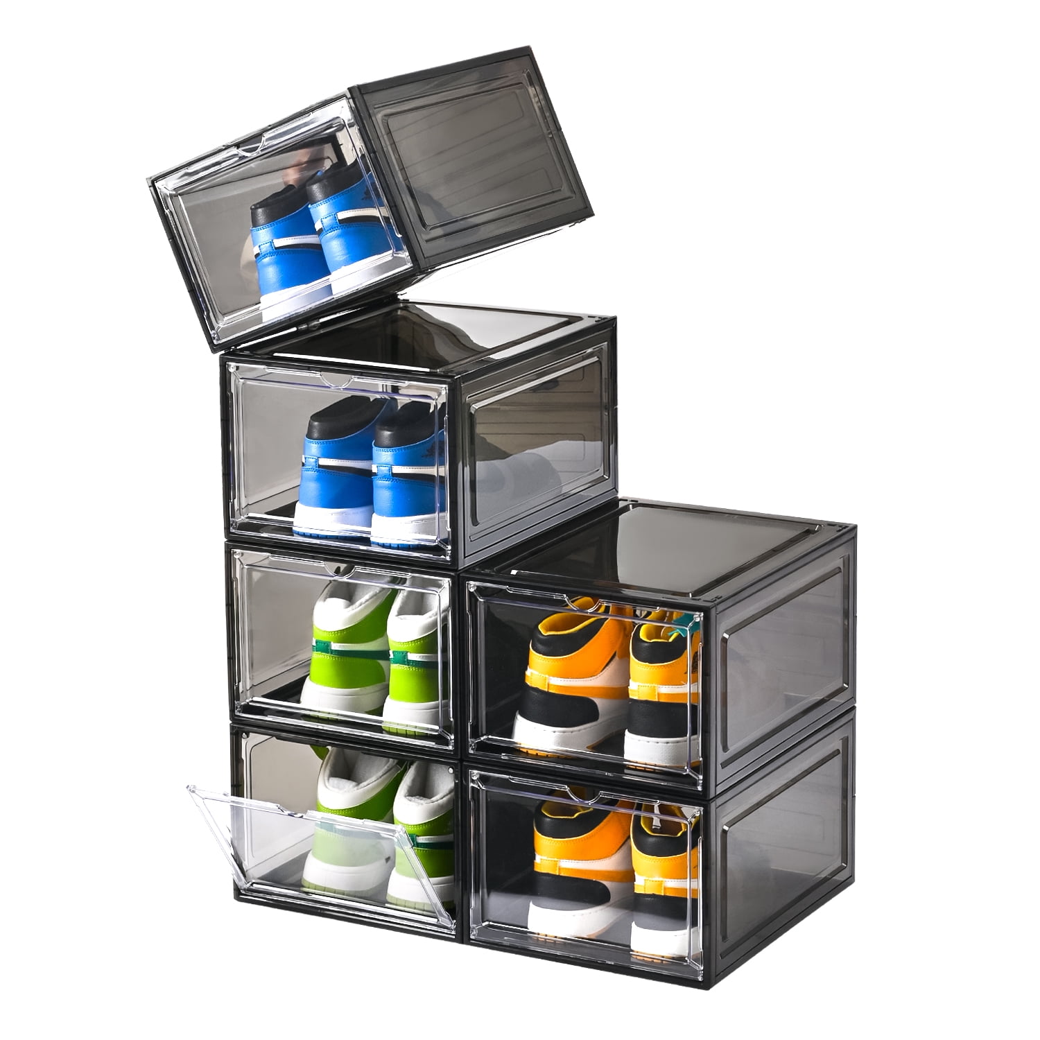 Box Rack 4 U Large Shoe Boxes storage Black Plastic Stackable,Drop Front Shoe Box ...