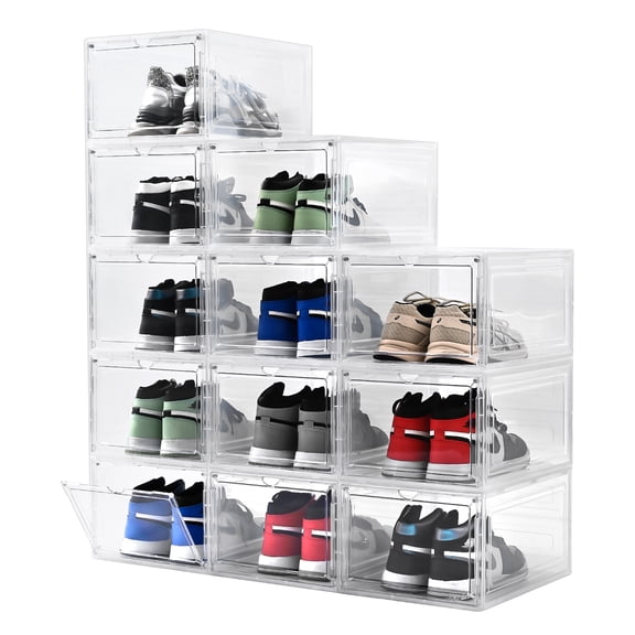 Large Shoe Boxes storage Clear Plastic Stackable,Drop Front Shoe Box with Clear Door, Shoe Rack For Sneaker Display,Fit up to US Size12(12Pack)