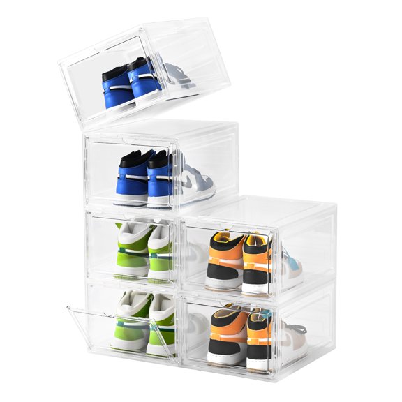 Large Shoe Boxes storage Clear Plastic Stackable,Drop Front Shoe Box with Clear Door, Shoe Rack For Sneaker Display,Fit up to US Size12(6Pack)