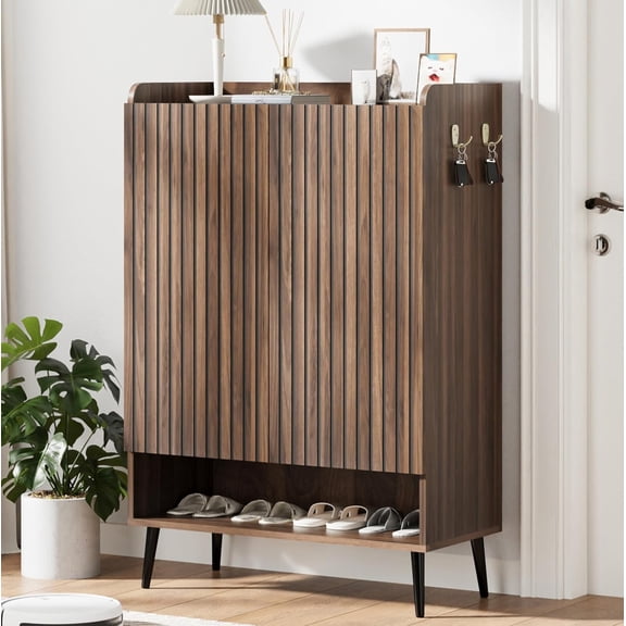 Large Shoe Cabinet with Doors – 6-Tier Shoe Organizer with 2 Doors and Extra Hooks, Freestanding Shoe Storage for Hallway, Entryway, Living Room, Walnut