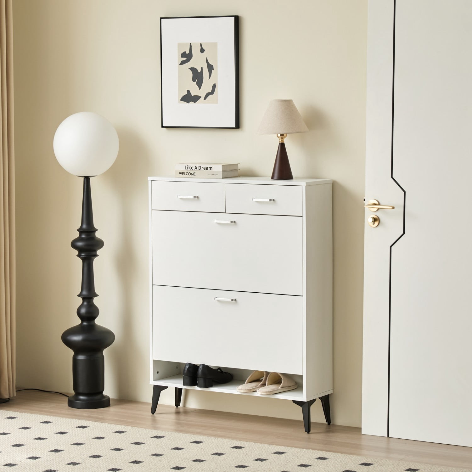 Large Shoe Cabinet, Free Standing Shoe Storage Organizer with 2 Flip Drawers & 2 Drawers, Slim Entryway Hallway Shoe Rack, White