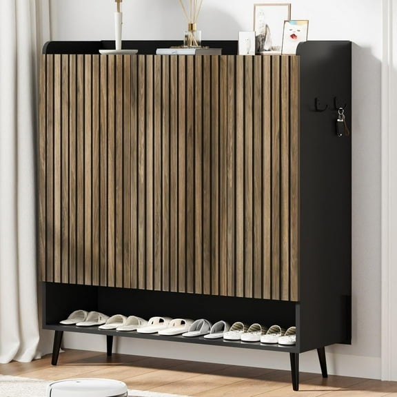 Large Shoe Cabinet with Doors，6-Tier Shoe Organizer with 3 Doors and Additional Hooks for Hallway, Entryway, Living Room,Black