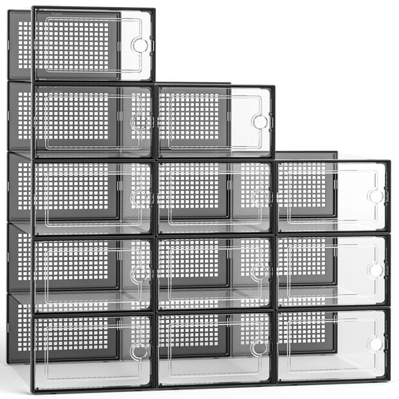 Large Shoe Organizers Storage Boxes for Closet 12 Pack Clear Plastic Stackable Bins with Lids Under Bed Storage Containers Drop Front Fit up to Women's Size 10