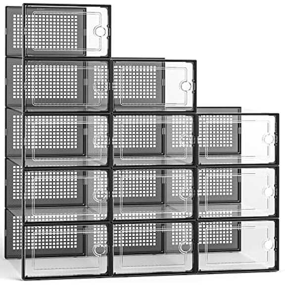 Large Shoe Organizers Storage Boxes for Closet, 12 Pack Clear Plastic Stackable Storage Bins with Lids, Under Bed Shoe Containers for Entryway, Drop Front, Fit up to Women's Size 10,Black