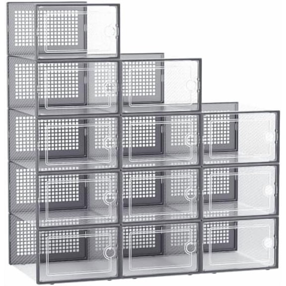 Large Shoe Organizers Storage Boxes for Closet, 12 Pack Clear Plastic Stackable Storage Bins with Lids, Under Bed Shoe Containers for Entryway, Drop Front, Fit up to Women's Size 10,Dark Gray