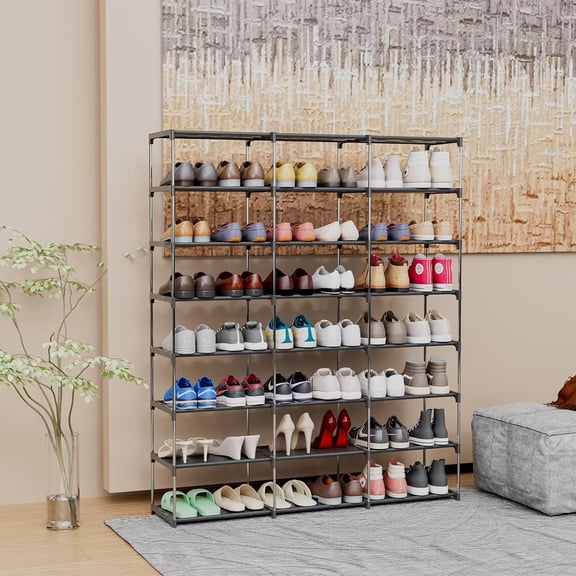 Large Shoe Rack Organizer - 3 Row 8 Tier Heavy Duty Free Standing Metal Storage Shelf for Entryway Garage Hallway Sneakers Boots Space Saving