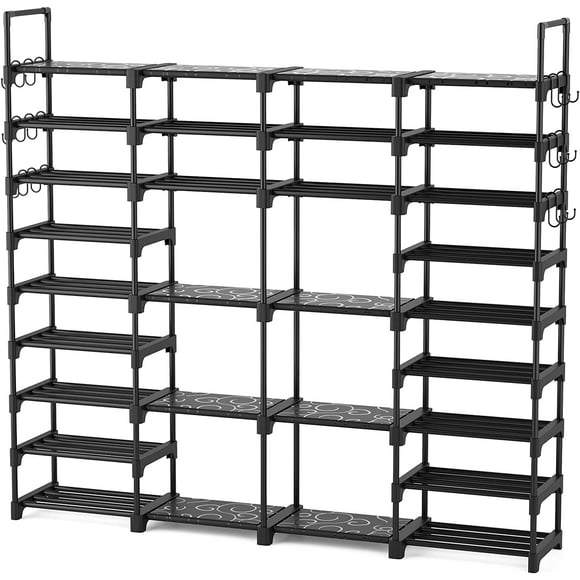 Large Shoe Rack Organizer for Entryway Closet 64-68 Pairs 9-Tier Heavy Duty Tall Garage Shoe Rack Shoe Shelf Shoes Storage with 18 Pcs Removable Side Hooks for Bedroom and Garage White
