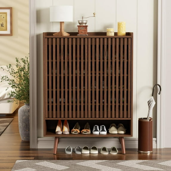 FiveWillowise Large Shoe Storage Cabinet with Adjustable Shelves, 6-Tier Wooden Shoe Rack Organizer with Grille Doors for Entryway, Hallway, Closet, Bedroom, Living Room, Walnut