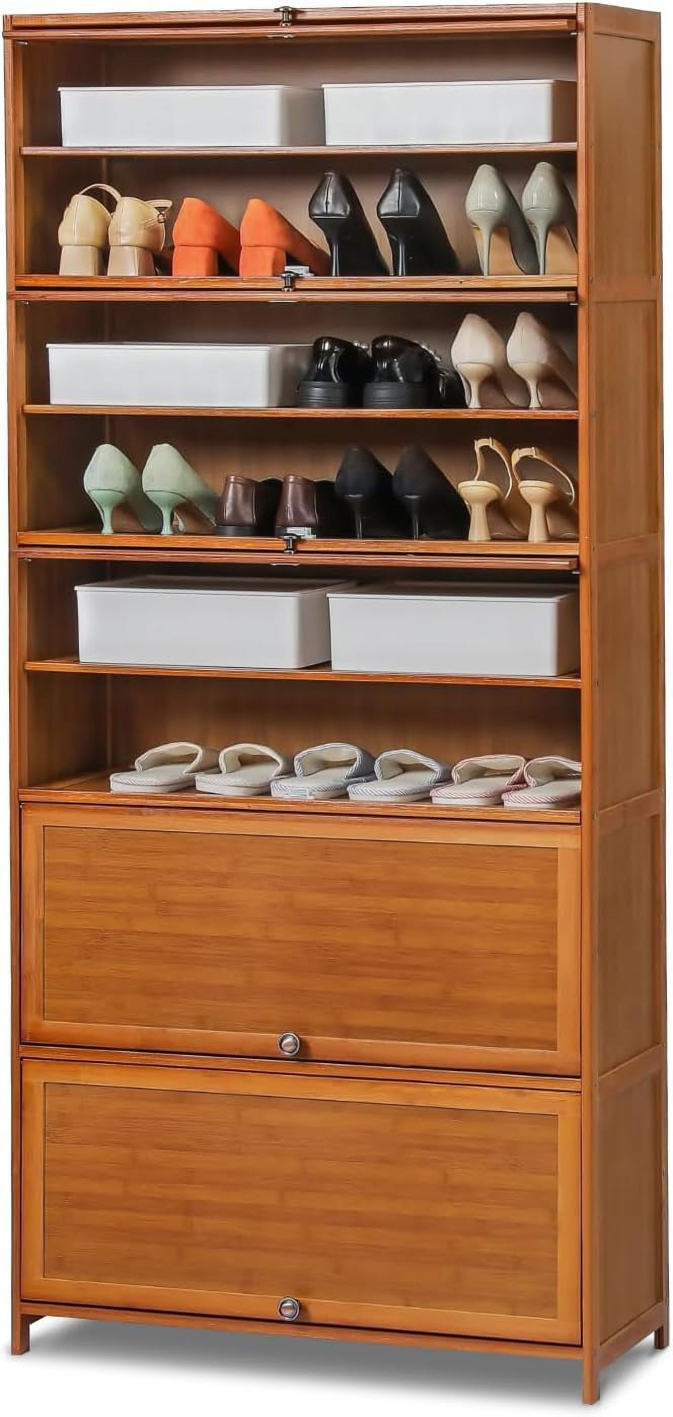 Large Shoe Storage With Bamboo Doors, 10 Tier Standing Shoes Shelf Organizer Stand