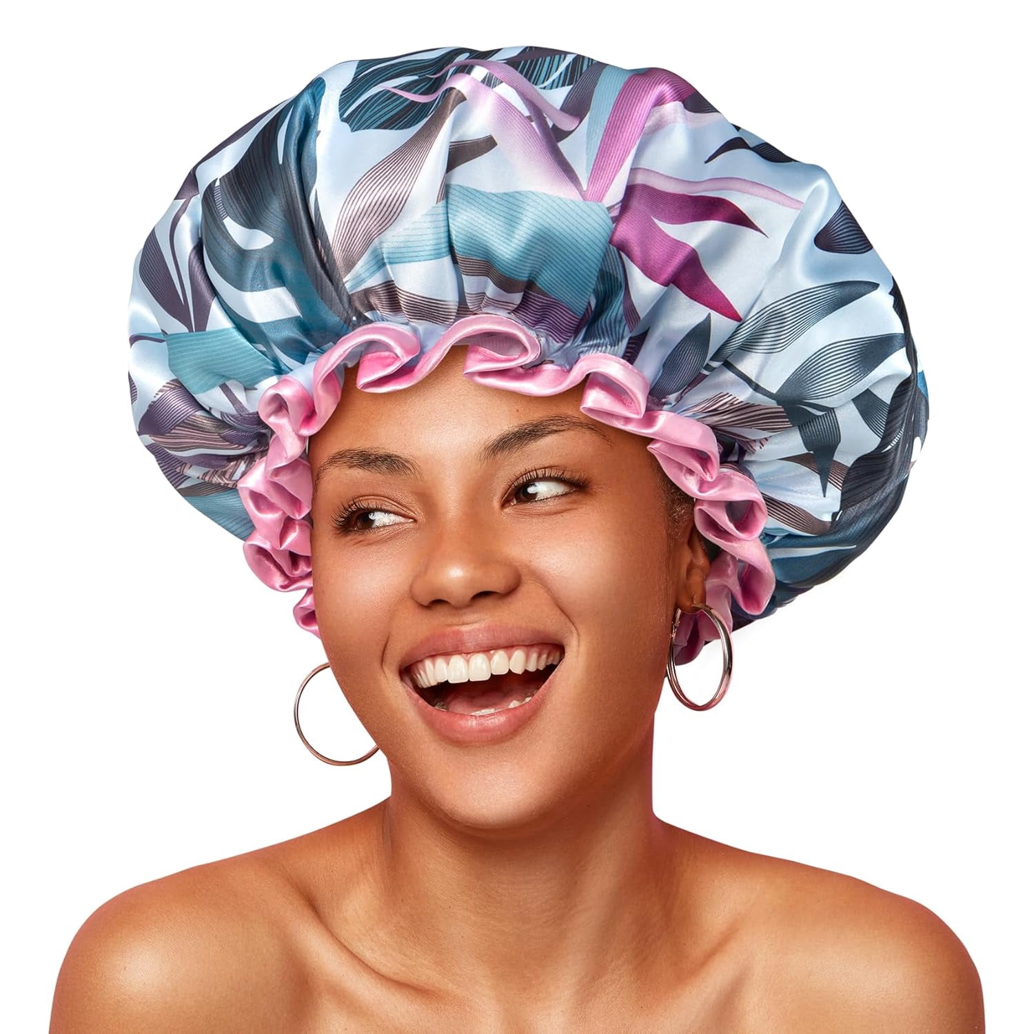 mikimini Large Shower Cap for Women Reusable Waterproof, Hair with Double Layers, Tropic Style Cover Elastic Band suit Long Hair, Braids
