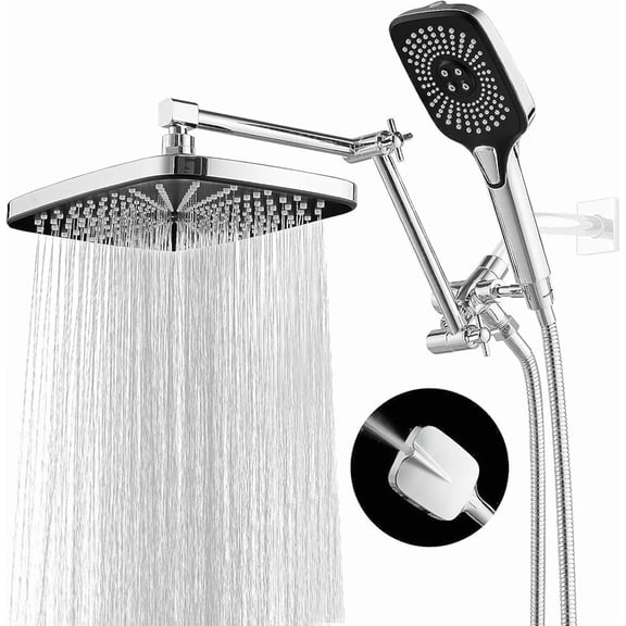 Large Shower Head with Handheld Spray and Extention Arm Rain Rainfall Waterfall Pressure Shower Heads Modern Showerhead with Diverter - Height/Angle Adjustable(Matte )