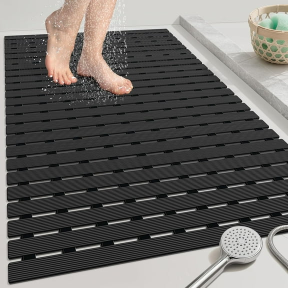 Large Shower Mat, 35.4 x 24 Inch No Suction Cup Shower Mat Non Slip, Quick Drain Non Slip Shower Mats for Inside Shower, Heavy Duty Curlable PVC Stand up Shower Floor Mat, Black
