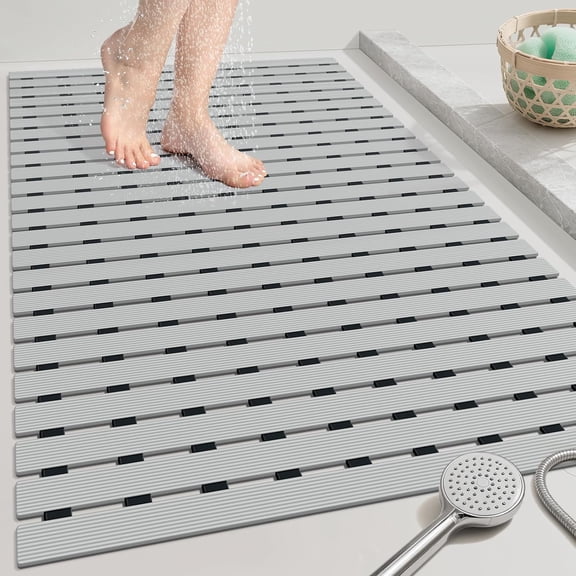 Large Shower Mat, 35.4 x 24 Inch No Suction Cup Shower Mat Non Slip, Quick Drain Shower Mats for Inside Shower, Heavy Duty PVC Shower Floor Mat, Curlable Shower Stall Mat (Light Grey)