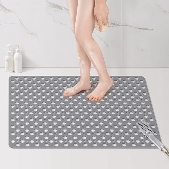 Large Shower Mat  35 X 24 Inch Non Slip Mats Foride With Drain Hole No Odor Soft Tpe Floor Extra Suction Cups Grey