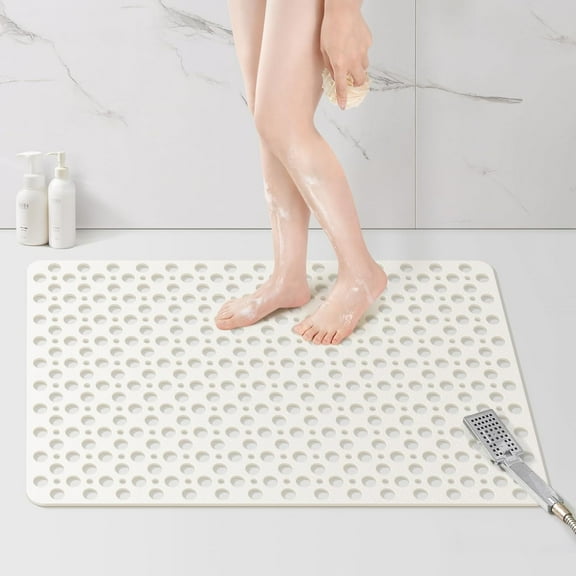 Large Shower Mat, 35 x 24 inch Non Slip Shower Mats for Inside Shower with Drain Holes and Suction Cups for Bathroom, No Odor TPE Shower Floor Mat, White