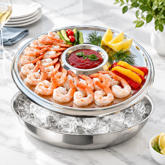 Large Shrimp Cocktail Serving Platter With Ice, 13.94 Inch Stainless Steel Seafood Server For Oysters, Veggies, Fruits
