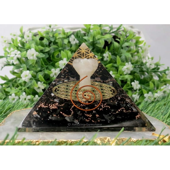 Large Shungite Orgone Pyramid Crystal -Angel with Flower of Life
