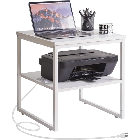 Large Side Table with Charging Station & USB Ports, End Table with Adjustable Shelves, Home Office Desk