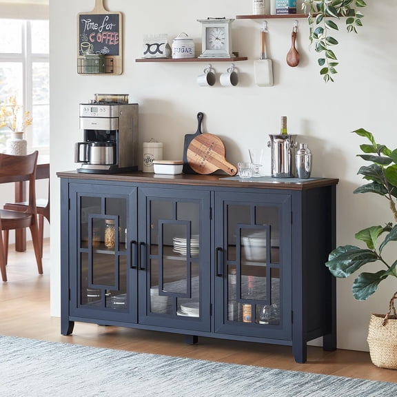 Large Sideboard Buffet Cabinet with Storage, 55" Farmhouse Kitchen Coffee Wine Bar Cabinet with 3 Glass Doors, Wood Mid Century Modern Side Board Table for Dining Room, Living Room,Navy Blue