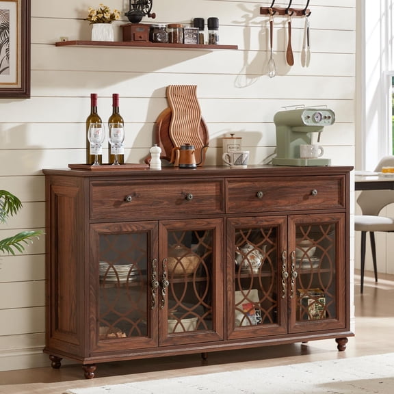 Large Sideboard Buffet Cabinet with Storage, 59 Inch Credenza with 4 Glass Doors & 2 Drawers, Adjustable Shelves Coffee Bar, Wood Kitchen Console Table for Dining Room Living Room, Brown