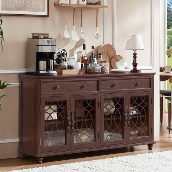 Large Sideboard Buffet Cabinet with Storage, 59 Inch Credenza with 4 Glass Doors & 2 Drawers, Adjustable Shelves Coffee Bar, Wood Kitchen Console Table for Dining Room Living Room, Walnut