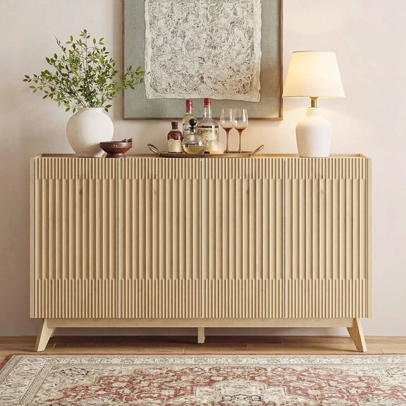 Large Sideboard Buffet Cabinet with Storage, 65" Modern Fluted Credenza for Living Room, Kitchen, or Dining Room (Natural Oak)